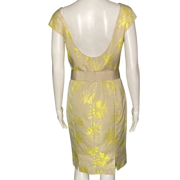 Lela Rose Beige & Chartreuse Floral Scoop Neck & Back Midi with Embellished Belt - Picture 2 of 12